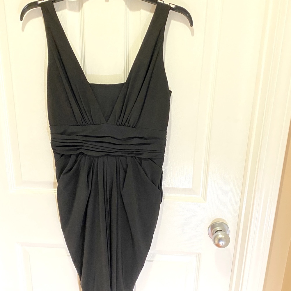 Essentials by A.B.S. Black v-neck ruched dress.